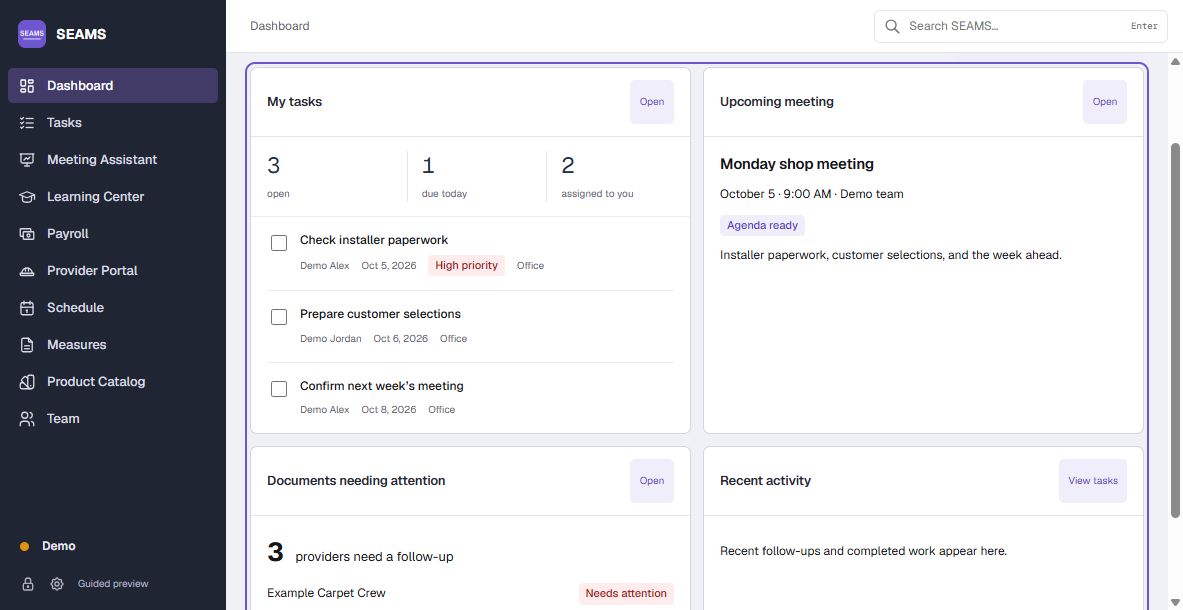 SEAMS demo dashboard showing team tasks, an upcoming meeting, and installer documents needing attention.